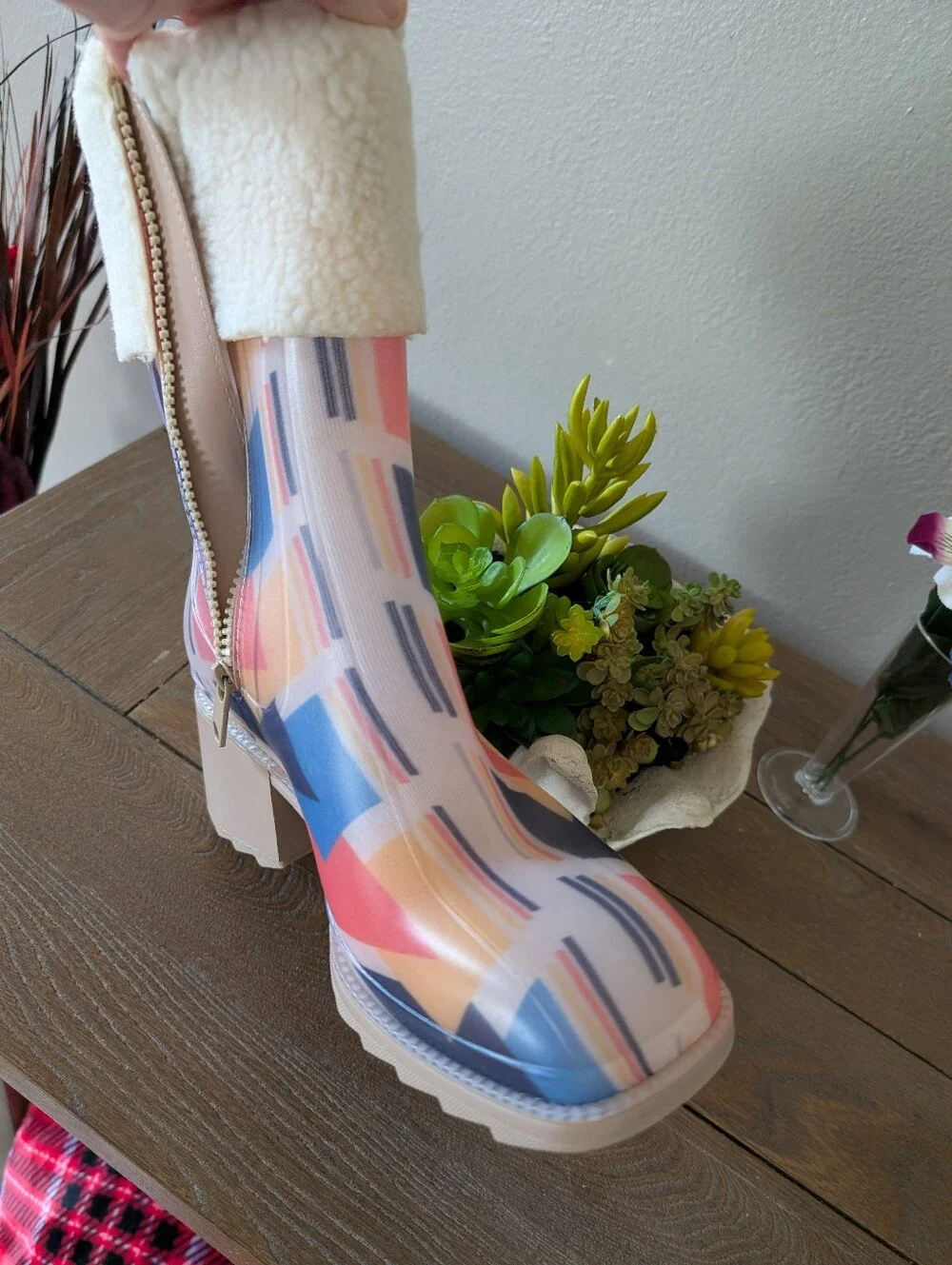 Women's Cape Robbin Multicolor Patterned Fur-Trim Rain Boots